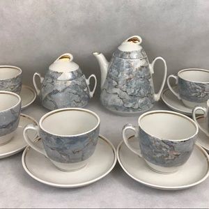 Vintage Tea Set Blue White Gold Signed TL 16 Pieces Gift Collectible